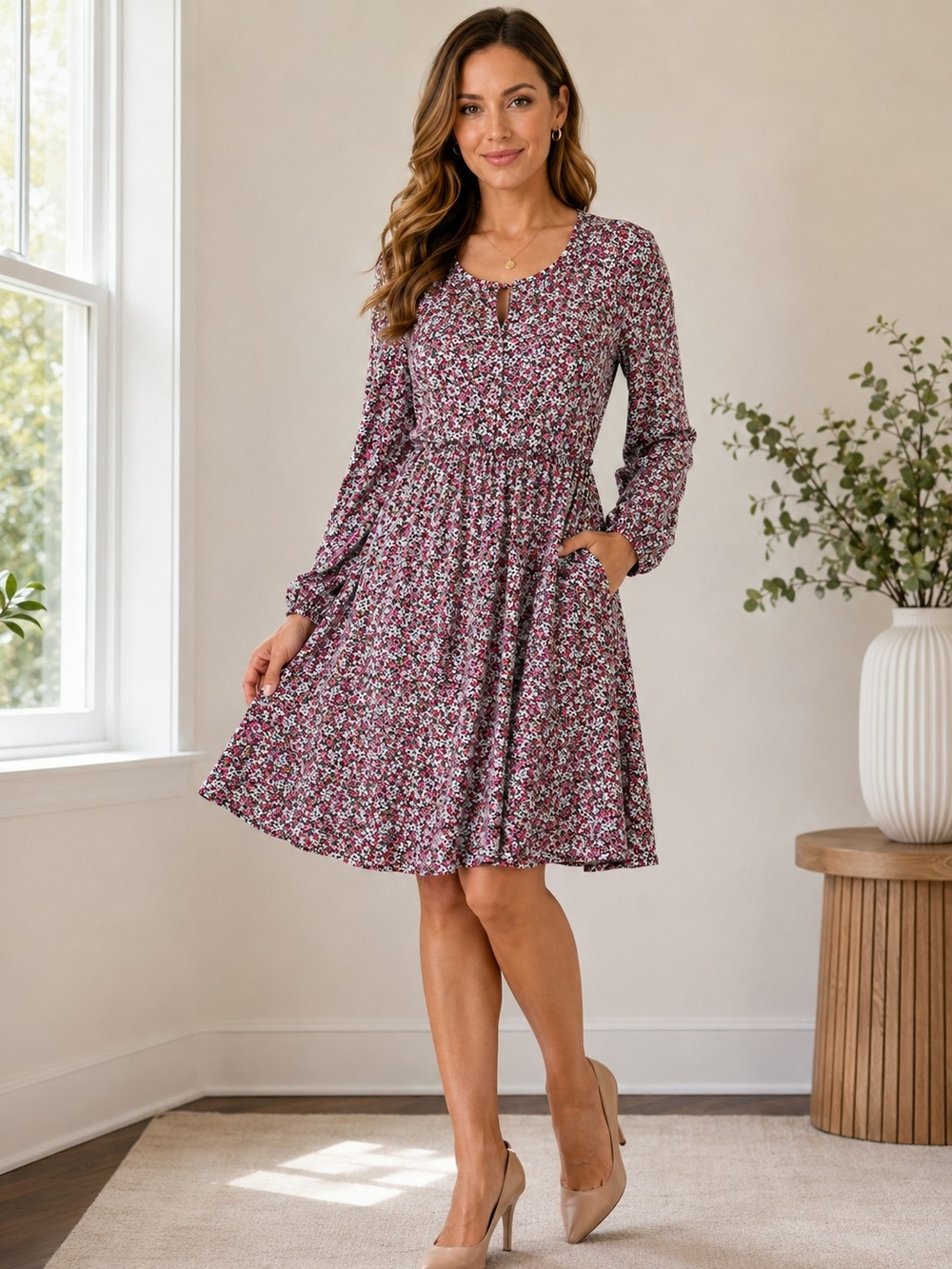 Banana Republic Floral Dress Size 12 NWT Pink Long Sleeve Fit & Flare Career Off